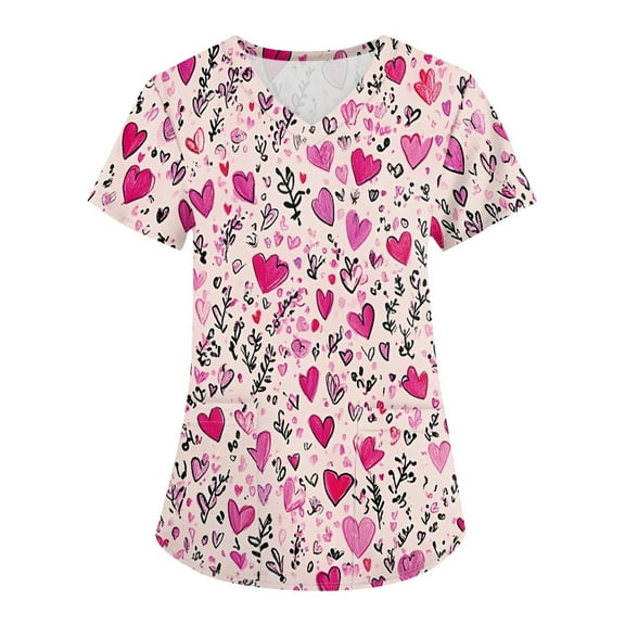 Valentines Day Scrub Tops Women Love Heart Printed V Neck Breathable T-Shirts Short Sleeve Professionals Soft Stretch Scrub Tops with Pockets pink 4X-Large