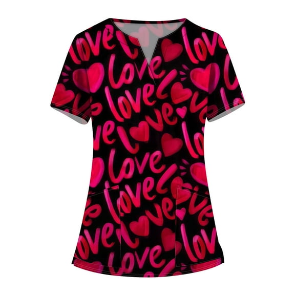 Valentines Day Scrub Tops Women Love Heart Printed V-Neck Breathable T-Shirts Short Sleeve Professionals Soft Stretch Scrub Tops with Pockets (Wine)