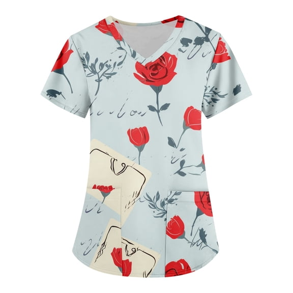 Valentines Day Womens Nurse Uniforms Summer Love Heart Printed V Neck Breathable Scrub Tops Short Sleeve Professionals Soft Stretch Workwear Shirt with Pockets light blue Medium