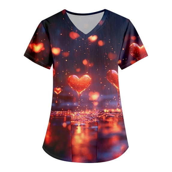 Valentines Day Scrub Tops Women Love Heart Printed V-Neck Breathable Workwear Shirt Short Sleeve Professionals Soft Stretch Scrub Tops with Pockets blue X-Large