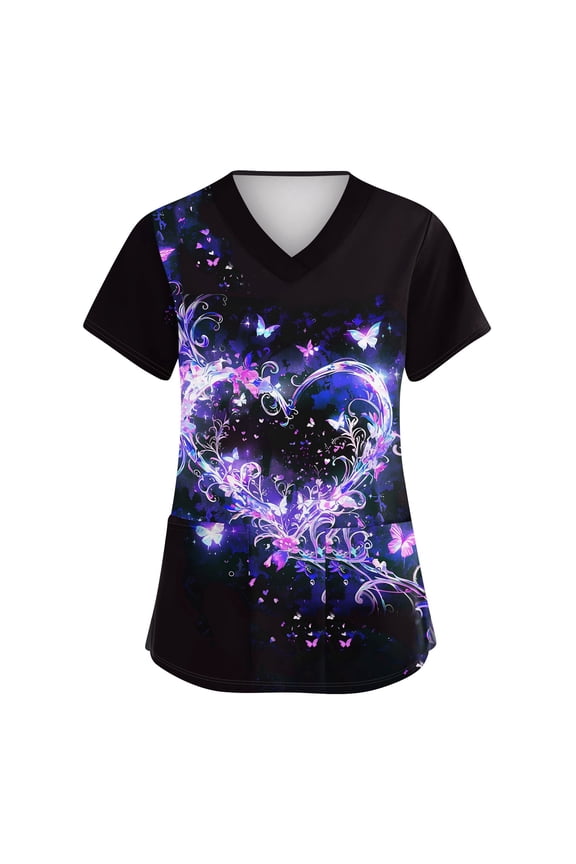 Valentines Day Scrub Tops for Women Plus Size Casual Short Sleeve Cute Valentine Love Printed Scrubs Loose V Neck Scrub Shirts Medical Nurse Uniform Nursing Workwear with Pockets Black 5XL