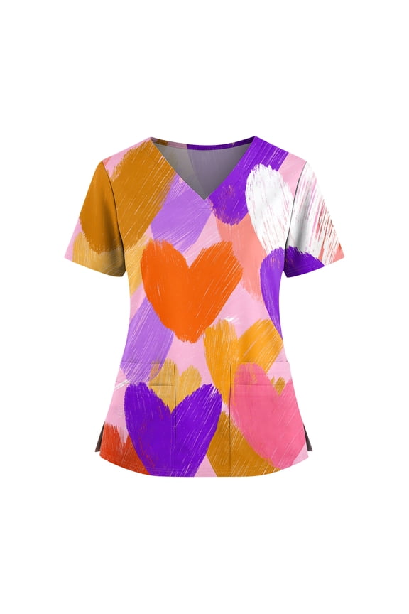 Valentines Day Scrub Tops Women Plus Size Casual V Neck Cute Valentine Love Printed Scrub Shirts Hoilday Short Sleeve Scrubs Nursing Workwear Medical Nurse Uniform with Pockets Orange XL