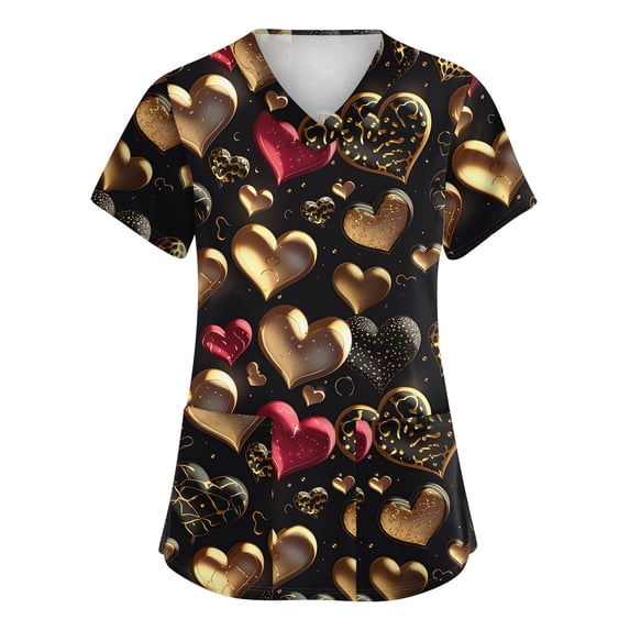 Valentines Day Scrub Tops Women Plus Size Hoilday Short Sleeve Cute Valentine Love Printed Scrub Shirts Loose V Neck Scrubs Nursing Workwear Medical Nurse Uniform with Pockets Black XL
