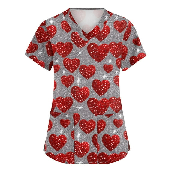 Valentines Day Scrub Tops for Women Plus Size Hoilday V Neck Cute Love Hearts Graphic Scrub Shirts Casual Short Sleeve Scrubs Medical Nurse Workwear Nursing Uniform with Pockets Red 2XL