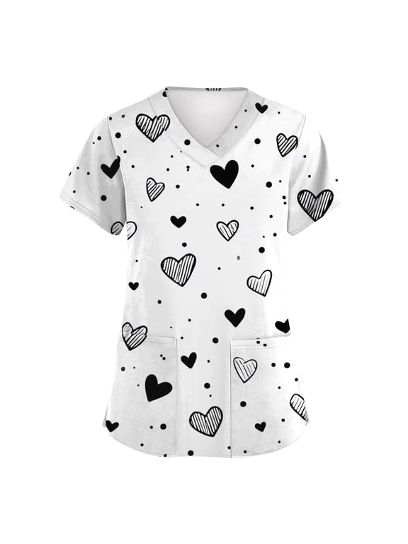 Valentines Day Scrub Tops Women Plus Size Loose Short Sleeve Cute Love Heart Printed Scrub Shirts Hoilday V Neck Scrubs Nursing Workwear Medical Nurse Uniform with Pockets White 3XL
