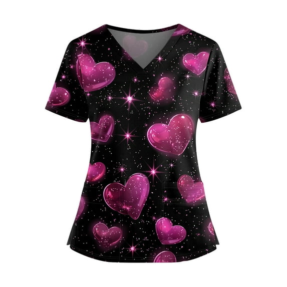 Valentines Day Scrub Tops Women Plus Size Loose Short Sleeve Cute Love Hearts Graphic Scrubs Casual V Neck Scrub Shirts Medical Nurse Uniform Nursing Workwear with Pockets Black L