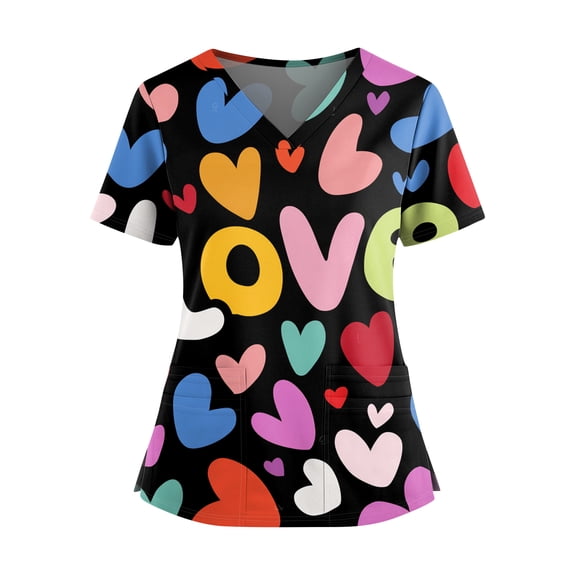 Valentines Day Scrub Tops for Women Plus Size Loose Short Sleeve Cute Valentine Love Printed Scrubs Casual V Neck Scrub Shirts Medical Nurse Workwear Nursing Uniform with Pockets Multicolor XL