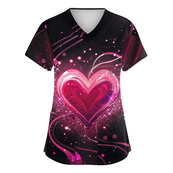 Valentines Day Scrub Tops Women Plus Size Loose V Neck Cute Love Heart Printed Scrub Shirts Casual Short Sleeve Scrubs Medical Nurse Workwear Nursing Uniform with Pockets Dark Gray 5XL