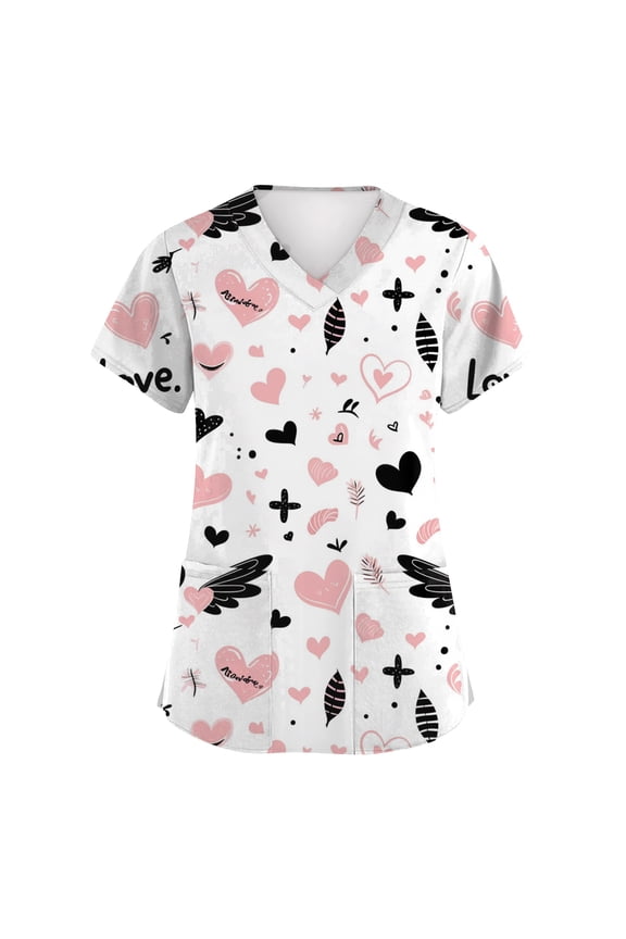 Valentines Day Scrub Tops for Women Plus Size Loose V Neck Cute Love Heart Printed Scrub Shirts Hoilday Short Sleeve Scrubs Medical Nurse Uniform Nursing Workwear with Pockets Light pink 3XL