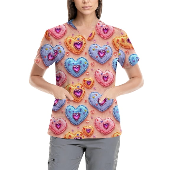 Valentines Day Scrub Tops Women Plus Size Short Sleeve V-Neck Love Heart Printed Nurse Working Uniforms with Pockets Pink XXL