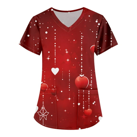 Valentines Day Scrub Tops Women Print Love Heart Printed V Neck Breathable T-Shirts Short Sleeve Professionals Soft Stretch Scrub Tops with Pockets Small
