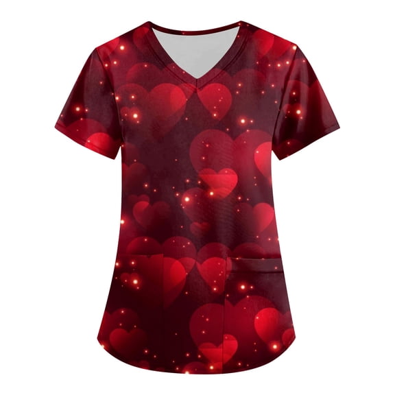 Valentines Day Scrub Tops for Women Short Sleeve V Neck Love Heart Print Nurse Working Uniforms with Pockets Holiday Scrubs 2026 Wine M