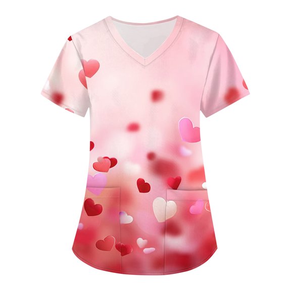 Valentines Day Scrubs Tops for Women Short Sleeve Lovely Heart Scrub Shirts Graphtic Pink Red V Neck Spring Workwear Letter Printed Trendy Love You Patterned Blouses Multicolor L