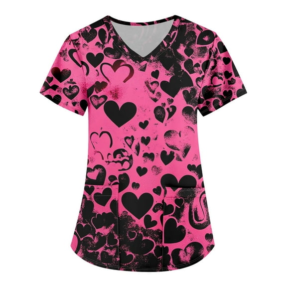 Valentines Day Scrubs for Women Love Heart Printed V Neck Breathable Scrub Tops Short Sleeve Professionals Soft Stretch T-Shirts with Pockets hot pink XX-Large