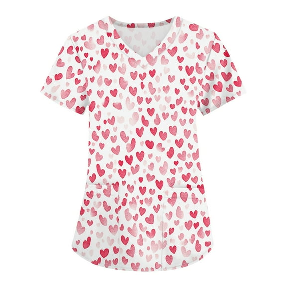 Valentines Day Scrubs for Women Love Heart Printed V-Neck Breathable Scrub Tops Short Sleeve Professionals Soft Stretch T-Shirts with Pockets multicolor 4X-Large