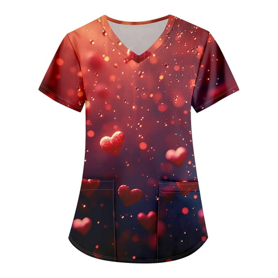 Valentines Day Working Uniform for Women Love Heart Printed V-Neck Breathable Scrub Tops Short Sleeve Professionals Soft Stretch T-Shirts with Pockets red 5X-Large