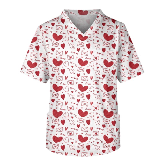 Valentines Day Scrubs for Men Cute Love Graphic Scrub Top, Cotton Blend Soft Stretchy Easy Care Nursing Uniform White XL