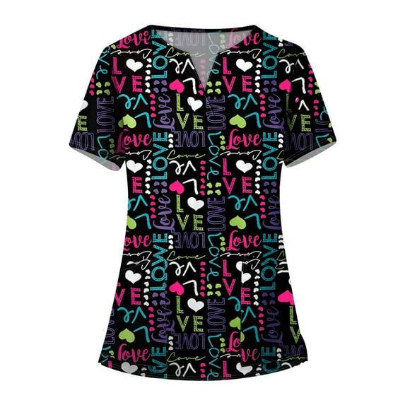 Valentines Day Scrub Tops Women Print Love Heart Printed V Neck Breathable Workwear Shirt Short Sleeve Professionals Soft Stretch T-Shirts with Pockets (Green)