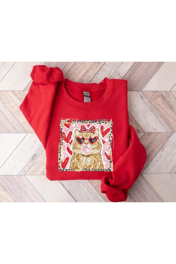 Valentines Day Shirt Cat Lover Tee, Leopard Heart Graphic Sweatshirt, Cute Cat Crewneck, Gift For Her