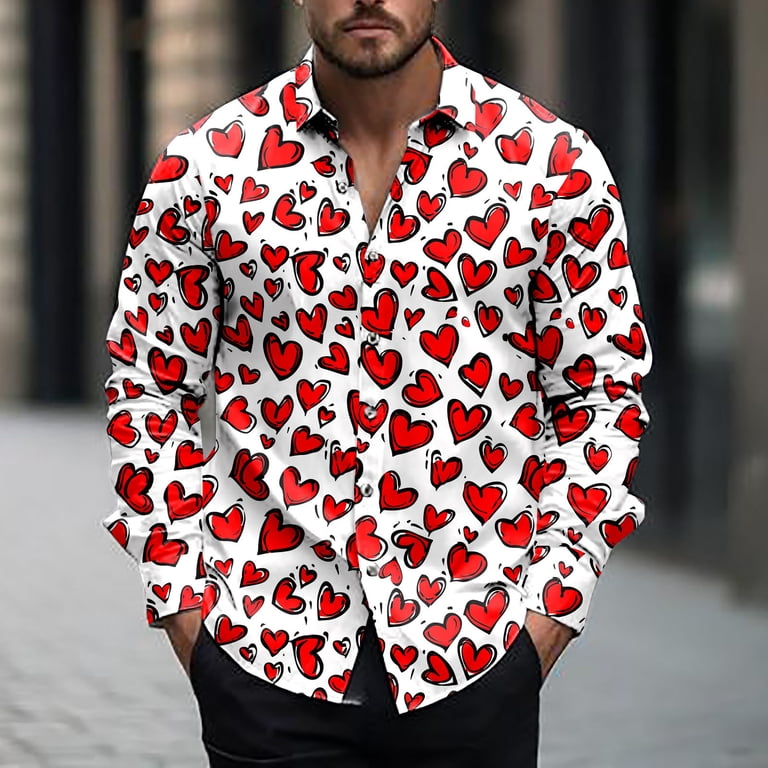 mens valentine dress shirts Pink Hearts Long Sleeve Men Button Up Shirt, Valentine's Day Fun Print Dress Male Buttoned Collar Casual Dress Shirt with Chest Pocket M