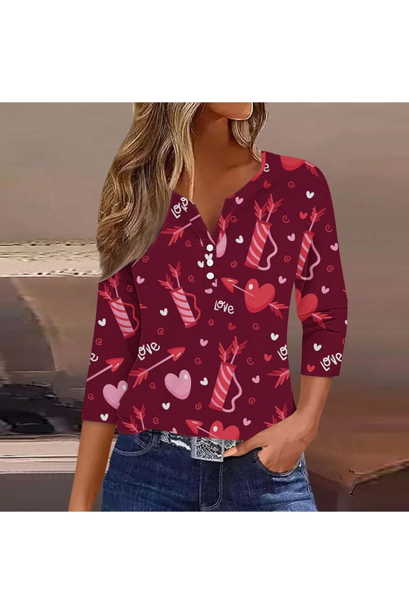 Valentines Day Shirt for Women 3/4 Sleeve V Neck Henley Button Down Tops Cute Heart Print Blouses Holiday Party Clothes,Valentines Day Gifts,3/4 Length Sleeve Womens Tops,Pink Cute T Shirts for Women