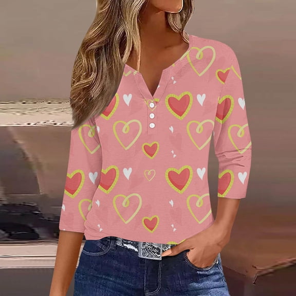 Valentines Day Shirt for Women 3/4 Sleeve V Neck Henley Button Down Tops Cute Heart Print Blouses Holiday Party Clothes,Valentines Day Gifts,3/4 Length Sleeve Womens Tops,Pink Cute T Shirts for Women