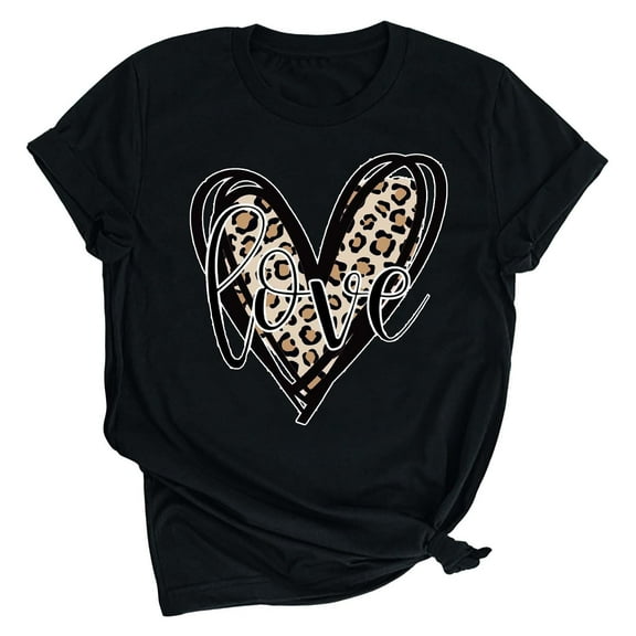 Valentines Day Shirt Women Leopard Love Heart Print Tshirt Short Sleeve Crew Neck Casual Loose Tee Tops