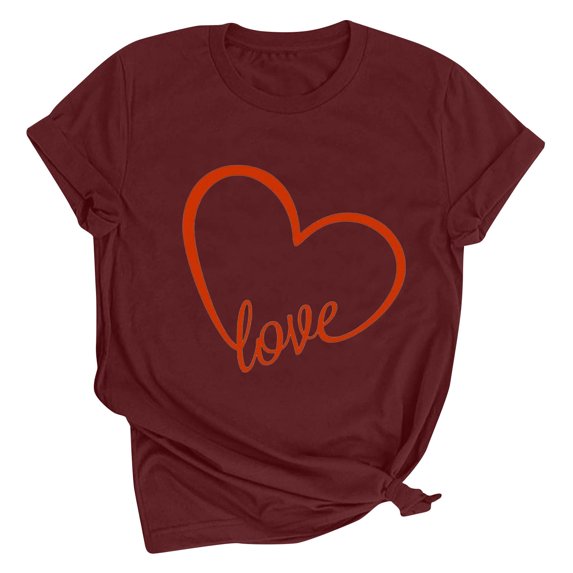 Valentines Day Shirt Women On Sale Cute Love Heart Printed Raglans T Shirts Casual Short Sleeve Round Neck Valentine's Day Graphic Tees Tops Wine XL