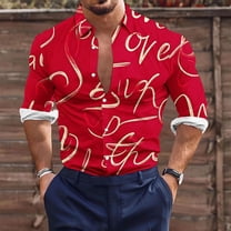 Valentines Day Shirts Men, Long Sleeve Print Shirts Men, Men's Valentine's Day Casual Fashion Heart Printed Button Long Sleeved Lapel Top Shirt