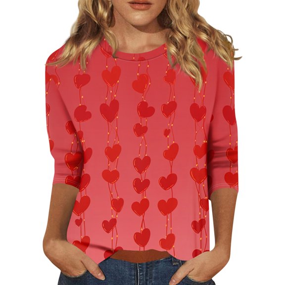 Valentines Day Shirts for Wife Crew Neck Graphtic Pink Red Tops Letter Printed 3/4 Sleeve Plus Size Gift Blouses Lovely Heart Anniversary Love You Patterned T-shirts Vermilion 2XL