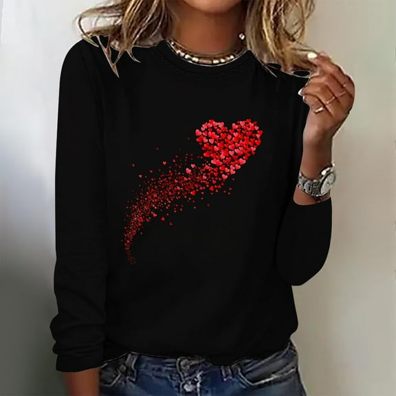 Valentines Day Shirts for Women 2025, Long Sleeve Blouse Tops, Women's Valentine's Day Fashion Printed Blouses Loose Comfortable Crew-Neck Long Sleeve Tops Shirt