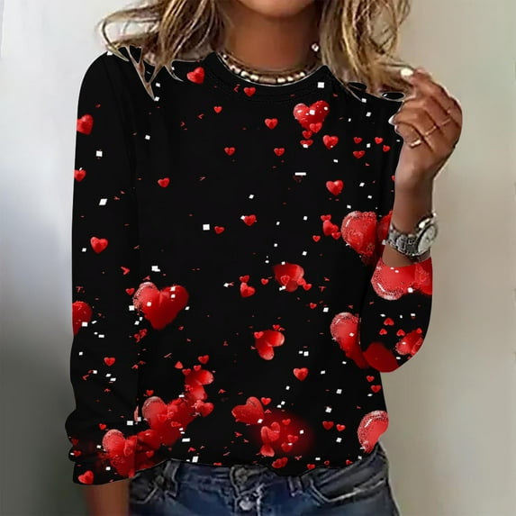 Valentines Day Shirts for Women 2025, Long Sleeve Blouse Tops, Women's Valentine's Day Fashion Printed Blouses Loose Comfortable Crew-Neck Long Sleeve Tops Shirt
