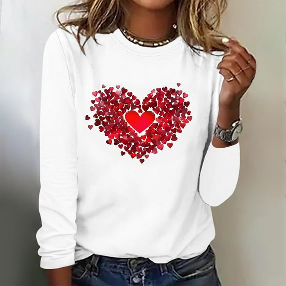 Valentines Day Shirts for Women 2025, Long Sleeve Blouse Tops, Women's Valentine's Day Fashion Printed Blouses Loose Comfortable Crew-Neck Long Sleeve Tops Shirt