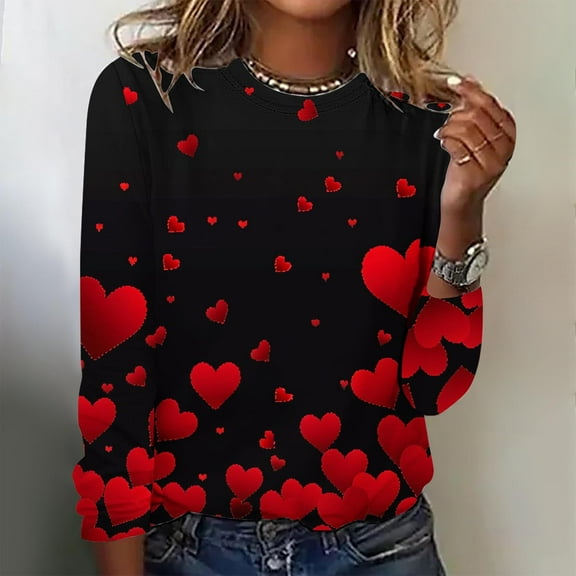 Valentines Day Shirts for Women 2025, Long Sleeve Blouse Tops, Women's Valentine's Day Fashion Printed Blouses Loose Comfortable Crew-Neck Long Sleeve Tops Shirt