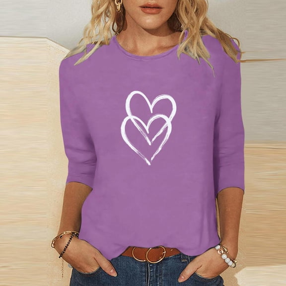 Valentines Day Shirts for Women Aesthetic Cute Love Heart Print T-Shirt 3/4 Length Sleeve Tunic Tops Cotton Pullovers, Limited Time Offer Under 10 Dollars