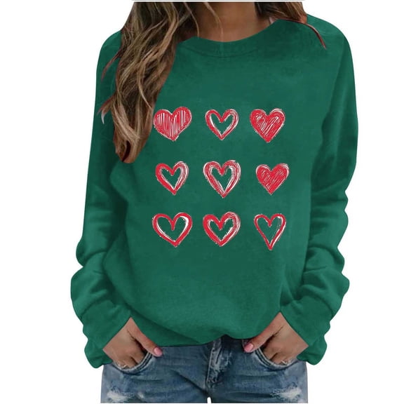 Valentines Day Shirts Women Cute Heart Print Shirts Long Sleeve Round Neck Tops Casual Pullover Sweatshirts Women Valentine Shirt