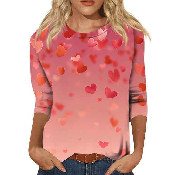 Valentines Day Shirts for Women Holiday 3/4 Sleeve T-Shirts Funny Love Heart Printed Tunic Tops Casual Three Quarter Length Blouses Loose Round Neck Pullover Multicolor XL