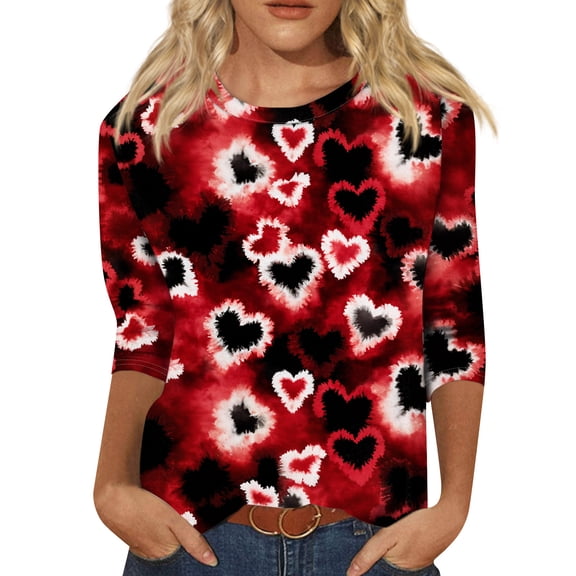 Valentines Day Shirts for Women Loose 3/4 Sleeve Tunic Tops Cute Love Heart Printed T-Shirts Casual Three Quarter Length Pullover Holiday Crew Neck Blouses Multicolor S