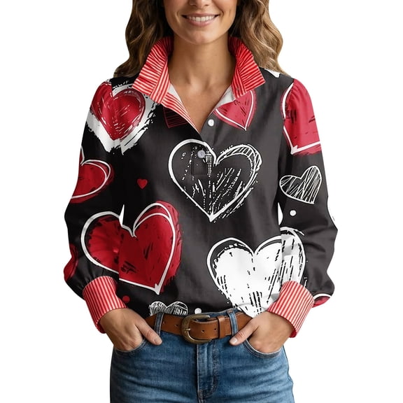Valentines Day Shirts Women Pink Love Heart Print Casual Blouses Half Button Stripe Ruffled Stand Collar V Neck Long Sleeve Shirts Business Work Top Ruffled Collar Tops Spring Fall Clothes S-3XL