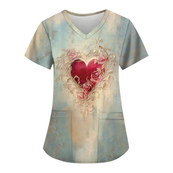 Valentines Day Shirts Women V Neck Scrub Tops Love Heart Short Sleeve Tshirts Cute Graphic Tees Nurse Uniforms 2025 Light Blue S