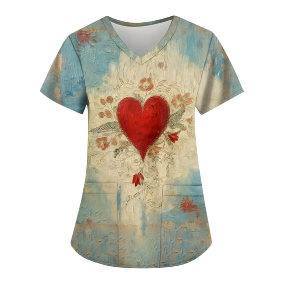 Valentines Day Shirts Women V Neck Scrub Tops Love Heart Short Sleeve Tshirts Cute Graphic Tees Nurse Uniforms 2025 Sky Blue S