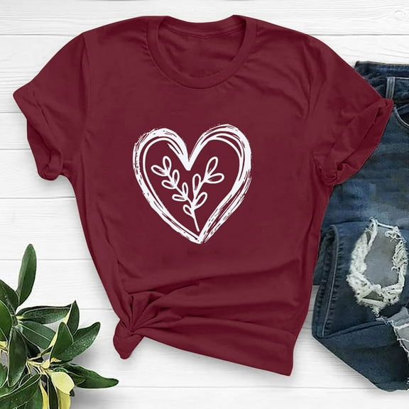 Valentines Day Shirts, Women's Heart T Shirt, Short Sleeve Tee Women Valentine's Day Fashion Crewneck Printing Short Sleeved T-Shirt Casual Loose Shirt Tops for Women Blouse