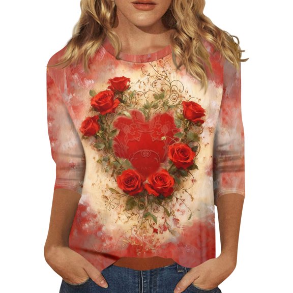 Valentines Day Shirts Womens Casual 3/4 Sleeve T-Shirts Cute Love Hearts Graphic Tunic Tops Holiday Round Neck Pullover Loose Three Quarter Length Blouses Deep Red M