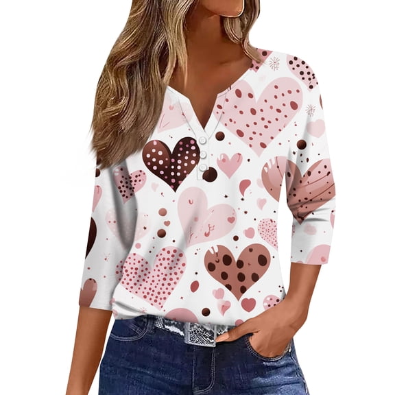Valentines Day Shirts Womens Casual 3/4 Sleeve T-Shirts Funny Valentine Love Printed Tunic Tops Holiday Button V Neck Blouses Loose Three Quarter Length Pullover Light pink XL
