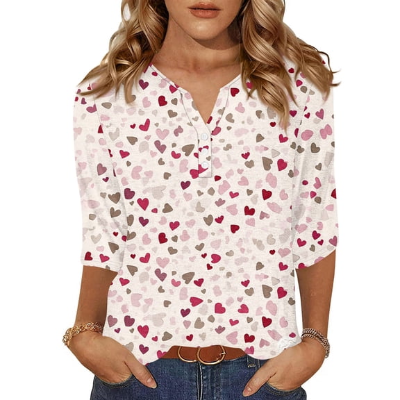 Valentines Day Shirts Womens Casual 3/4 Sleeve Tunic Tops Funny Valentine Love Printed T-Shirts Holiday Button V Neck Blouses Loose Three Quarter Length Pullover Red S