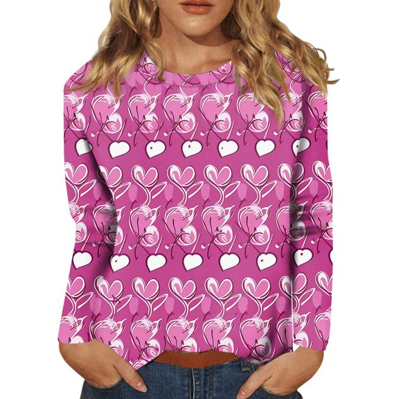 Valentines Day Shirts Womens Casual Long Sleeve T-Shirts Cute Love Heart Printed Tunic Tops Holiday Round Neck Blouses Loose Pullover Light Purple M