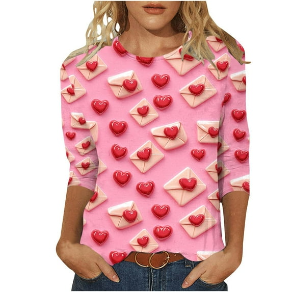 Valentines Day Shirts Womens Cute Heart 3/4 Sleeve Tops Trendy 3D Graphic Tees Holiday Tunic Shirt