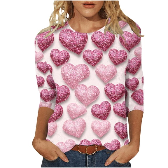 Valentines Day Shirts Womens Cute Heart 3/4 Sleeve Tops Trendy 3D Graphic Tees Holiday Tunic Shirt