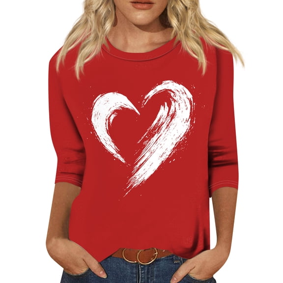 Valentines Day Shirts Womens Holiday 3/4 Sleeve T-Shirts Cute Valentine Love Printed Tunic Tops Loose Three Quarter Length Blouses Casual Round Neck Pullover Deep Red 3XL