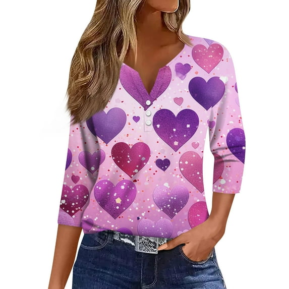 Valentines Day Shirts Womens Holiday 3/4 Sleeve T-Shirts Funny Love Hearts Graphic Tunic Tops Loose Button V Neck Pullover Casual Three Quarter Length Blouses Purple XL